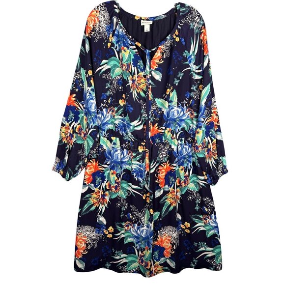 Ava & Viv Dresses & Skirts - Ava Viv Women Dress Plus Size 1X Blue Floral Long Sleeve Tie Neck Stretch Shift